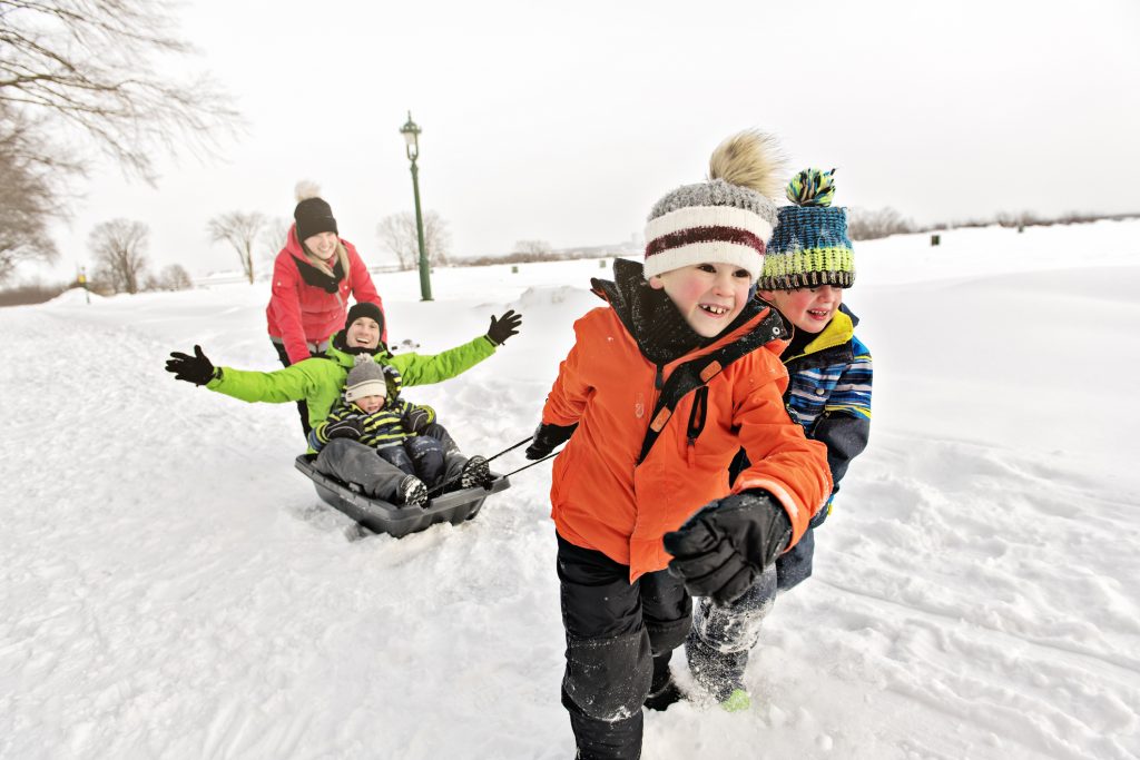 A Family Pulling Sledge Through Snowy Landscape