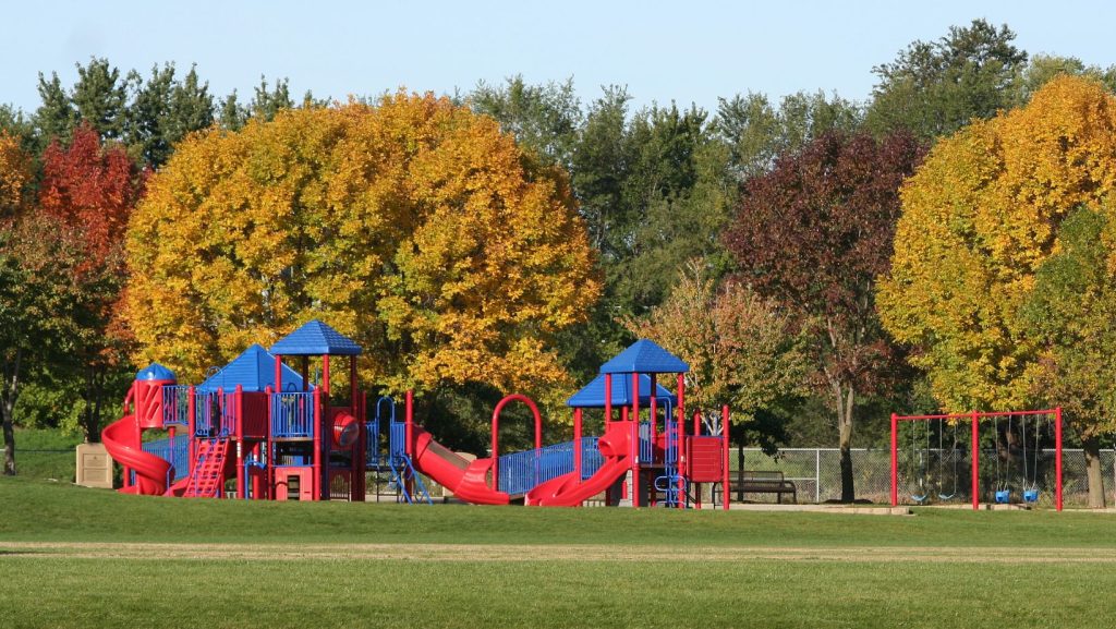 Plastic playground surrounded by trees
