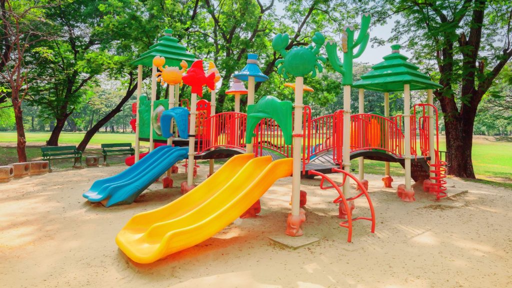 Plastic custom playground that is outdoors