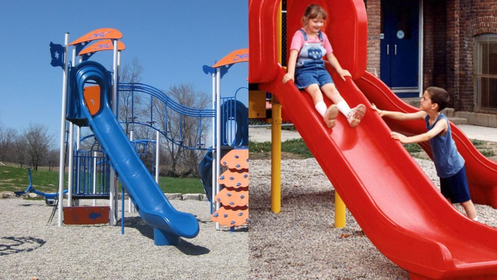 Two different SPI slides attached to outdoor playgrounds
