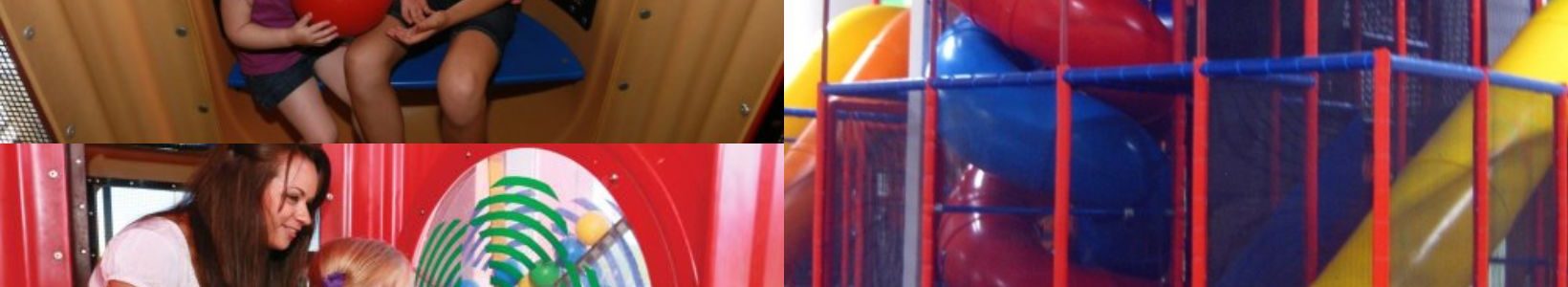 Collage of a vibrant indoor playground. Two girls sit inside, one holding a red ball. Another girl, aided by a woman, interacts with a colorful play panel. Highlighted is a large play structure with multicolored slides, exuding fun and excitement.