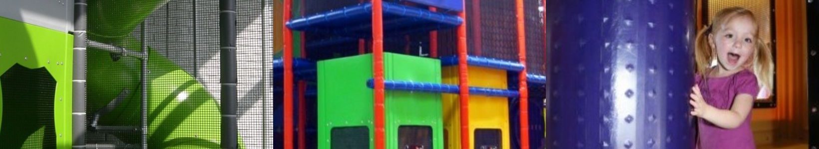 A vibrant indoor playground with green tube slides, multicolored climbing structures, and a joyful child playing near a purple, textured cylinder.