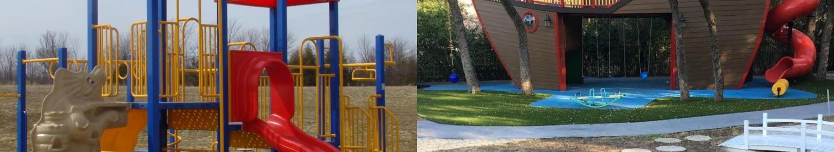 Commercial outdoor playground equipment including a traditional play structure and a custom pirate ship playground for children's play.