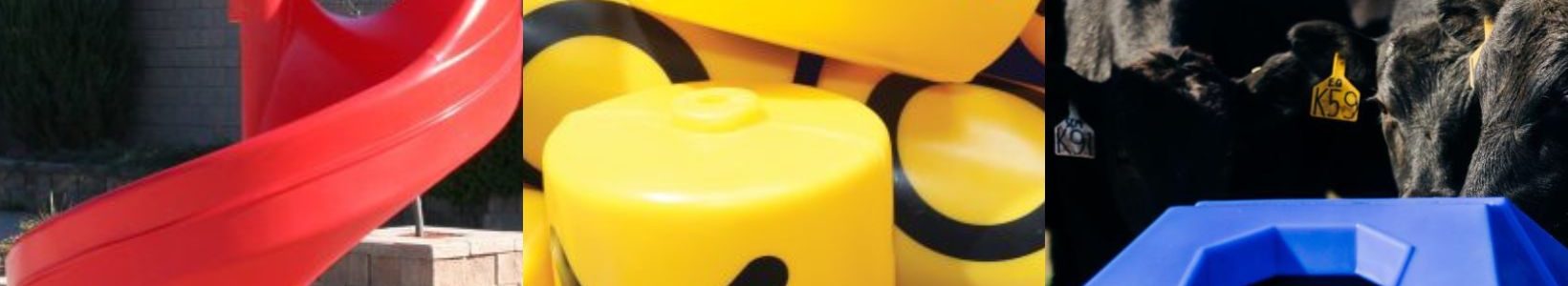 Examples of products best made with rotational molding, including a playground slide, custom plastic game pieces, and a livestock waterer.